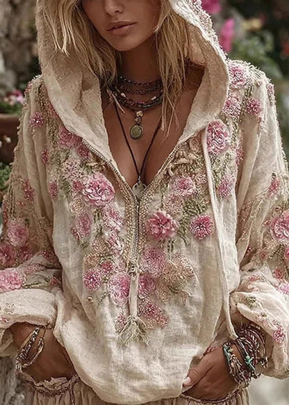 Apricot Hooded Print Cotton Sweatshirt Spring