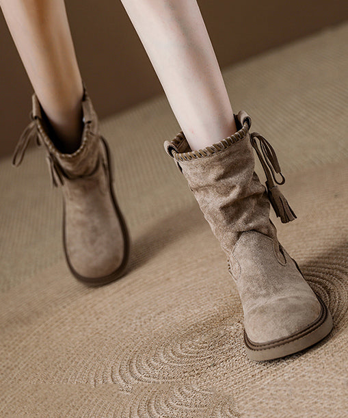 Khaki Suede Tassel Splicing Wrinkled Boots