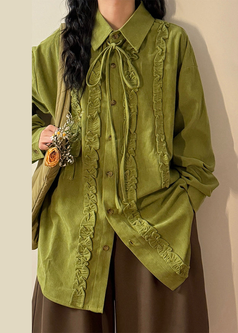 Green Ruffled Lace Up Cotton Shirt Top Spring