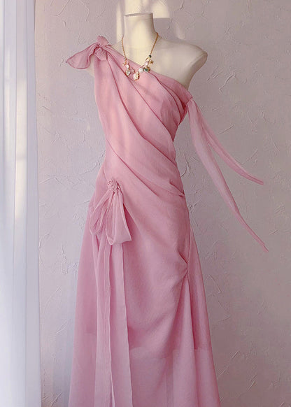 Pink Cold Shoulder Lace Up Chiffon Long Dress Sleeveless