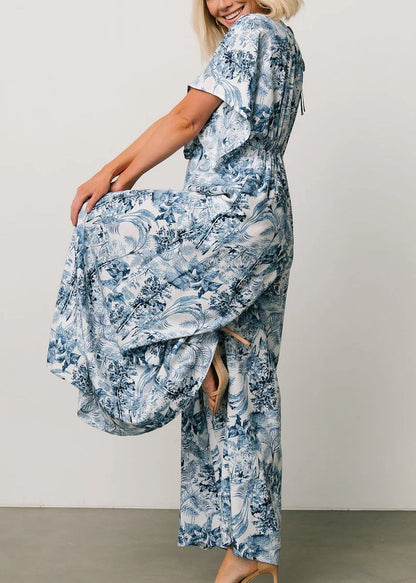Blue Print Lace Up Pockets Cotton Jumpsuit Summer