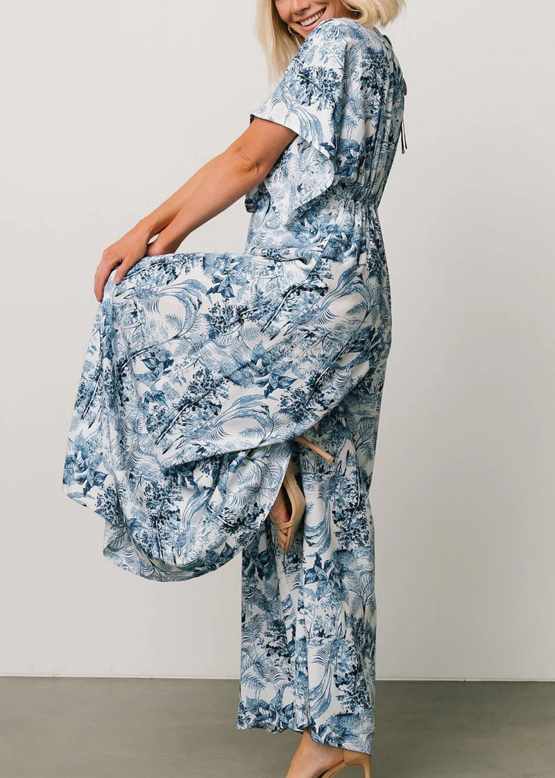 Blue Print Lace Up Pockets Cotton Jumpsuit Summer