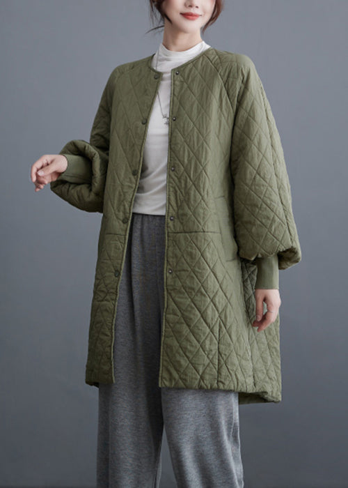Olive Green Button Pockets Cotton Filled Parka Batwing Sleeve