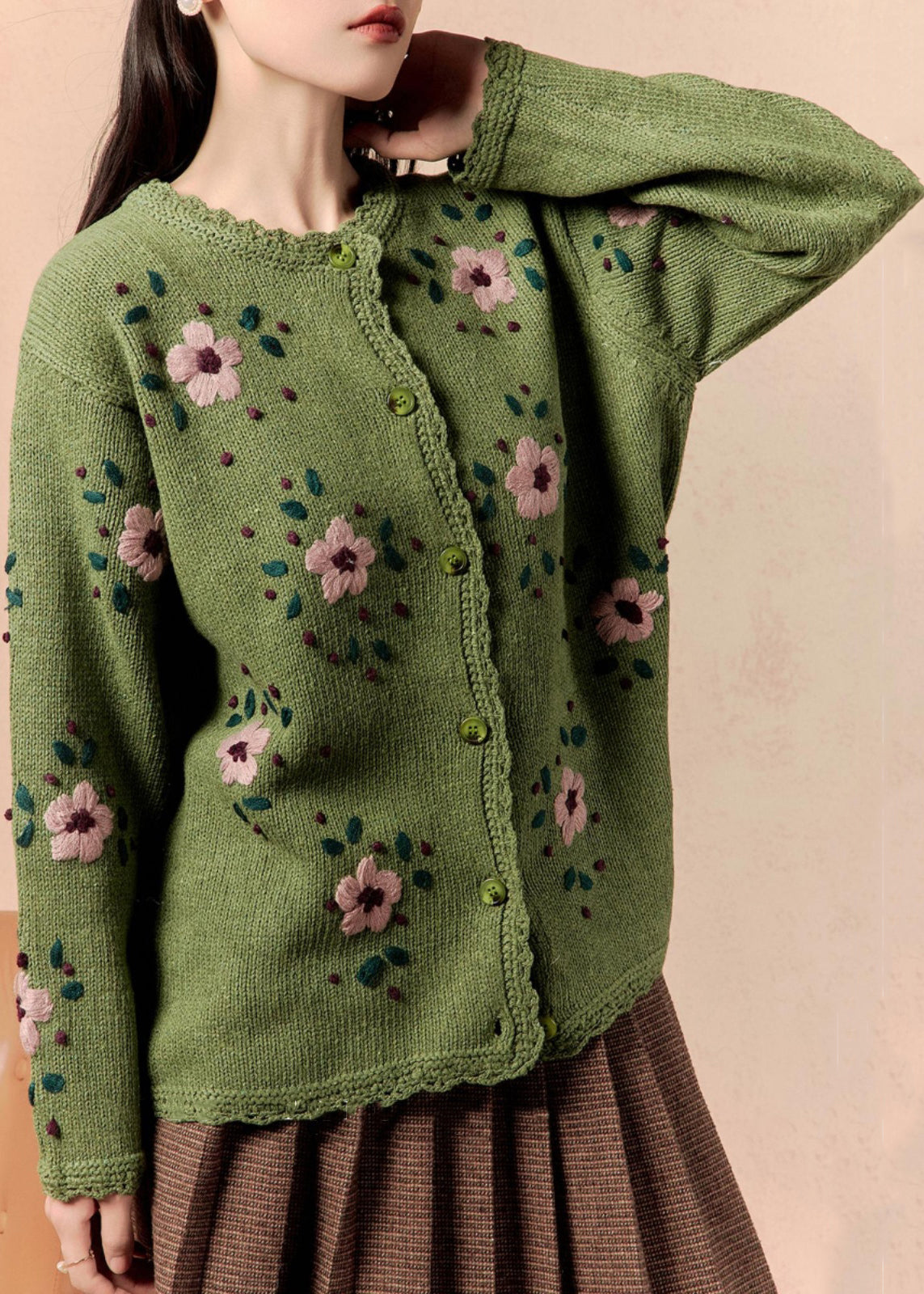 Art Green Button Knit Cardigan Winter