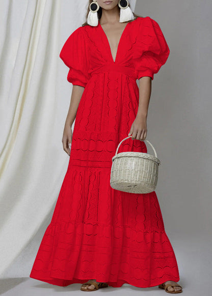 White V Neck Hollow Out Puff Sleeve Patchwork Cotton Dress