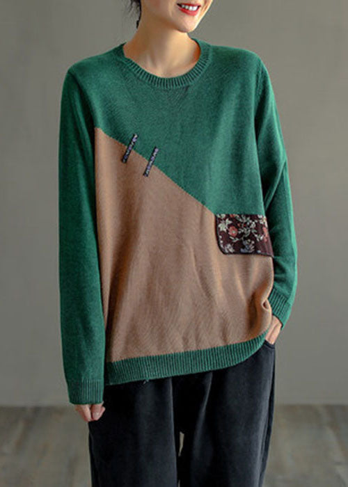 Chocolate Purple O-neck Patchwork Knit Sweater Top Long Sleeve
