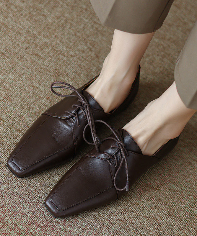 Grey Sheepskin Lace Up Splicing Square Toe Flat Shoes