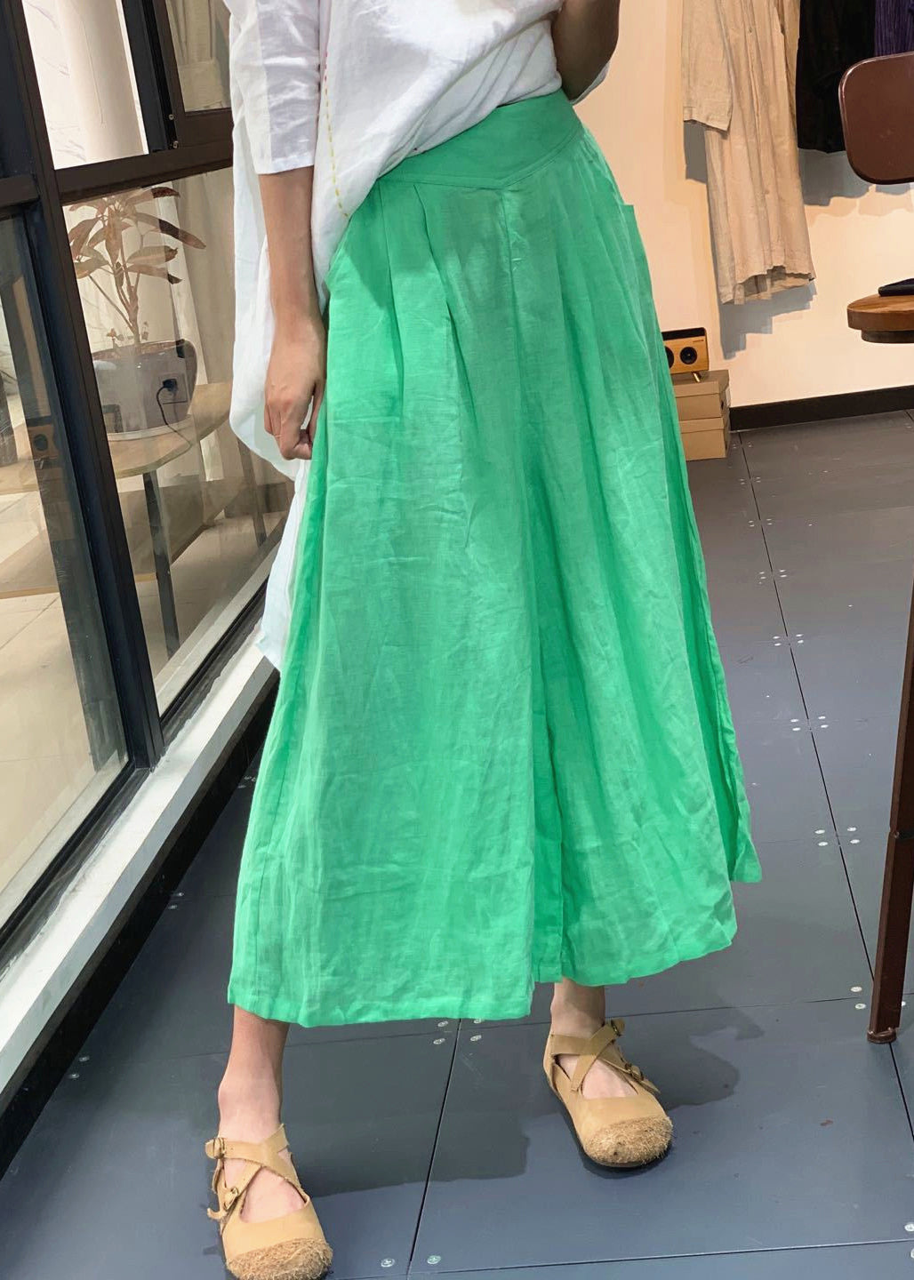 Simple Yellow Pockets High Waist Linen Wide Leg Pants Summer