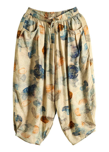 Khaki Elastic Waist Pockets Print Patchwork Cotton Lantern Pants Summer