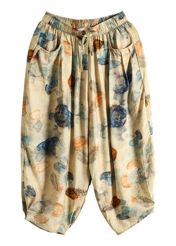 Khaki Elastic Waist Pockets Print Patchwork Cotton Lantern Pants Summer