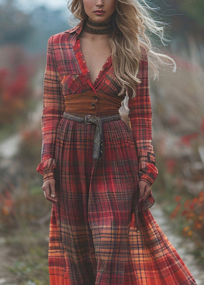 Pastoral Style Plaid Maxi Dress Long Sleeve