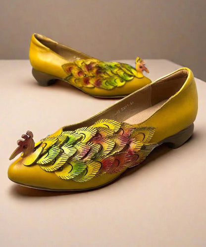 New Retro Style Yellow Pointed Toe Cowhide Leather Shoes