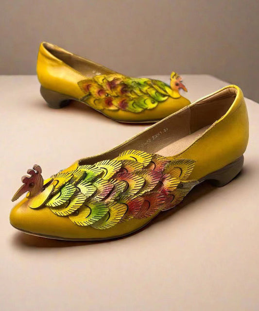 New Retro Style Yellow Pointed Toe Cowhide Leather Shoes