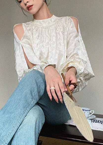 Classy White Print Asymmetrical Hollow Out Shirt Spring
