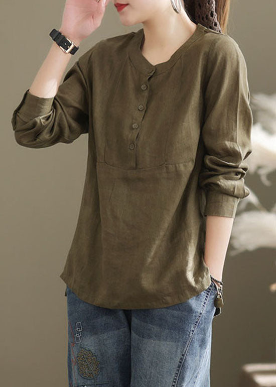 Classy Green O-neck Button Patchwork Linen Shirt Top Long Sleeve