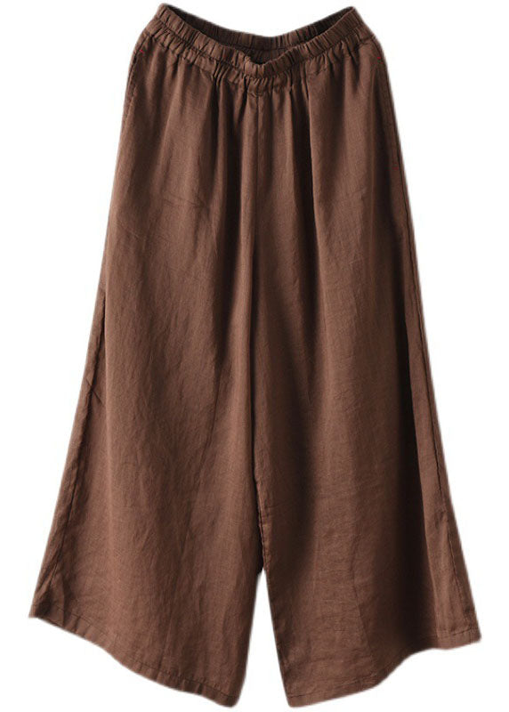 Chocolate Elastic Waist Pockets Linen Wide Leg Pants Summer