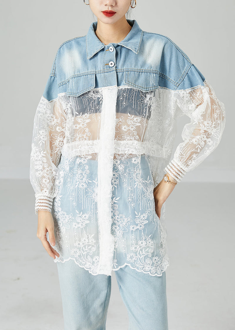 Classy Colorblock Embroidered Patchwork Hollow Out Denim Coat Outwear Summer