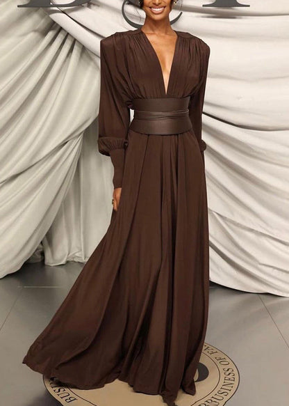 Coffee V Neck Patchwork Slim Fit Cotton Dresses Fall