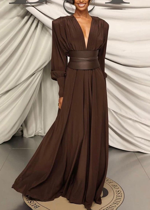 Coffee V Neck Patchwork Slim Fit Cotton Dresses Fall