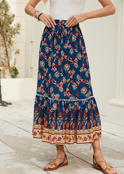 Navy Print Elastic Waist Cotton Skirt Summer
