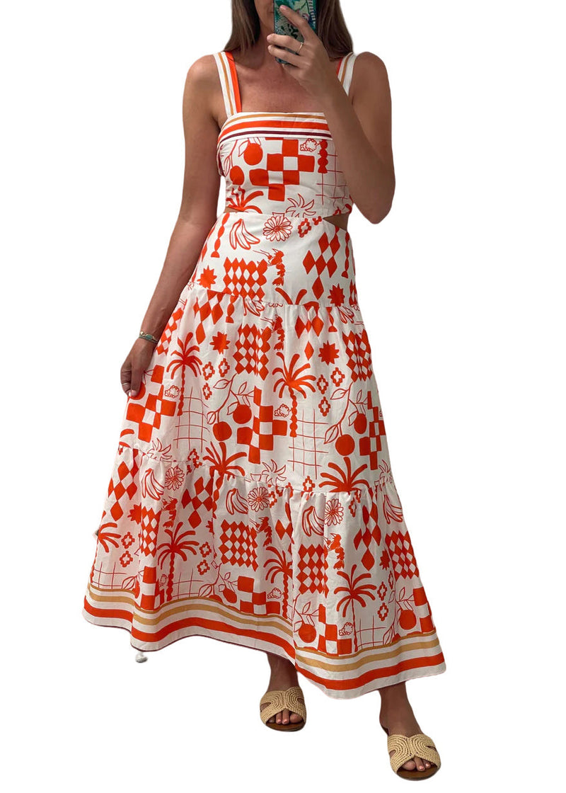 Natural Red Print Patchwork Cotton Spaghetti Strap Dress Summer