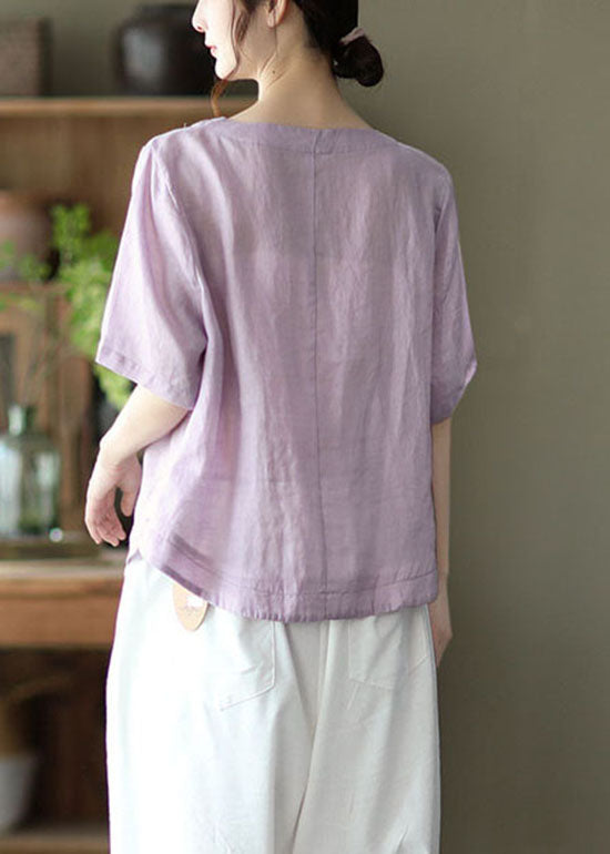 Light Purple Embroidered Linen Shirts Short Sleeve