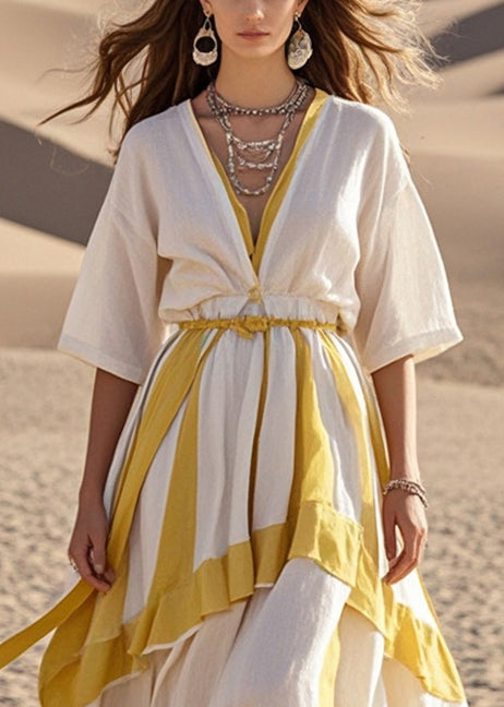 White V Neck Patchwork Exra Large Hem Cotton Dress Summer