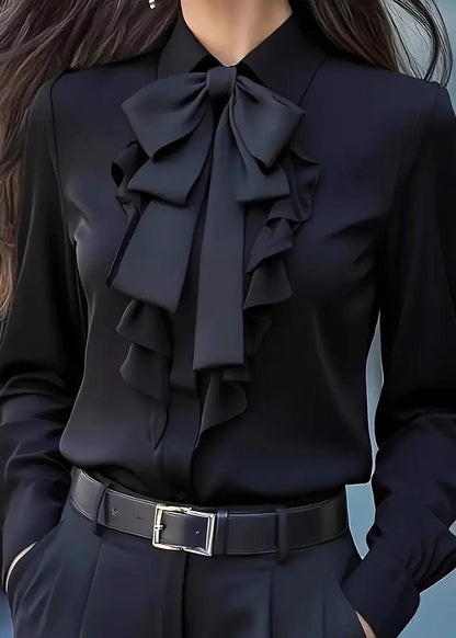 Stylish White Bow Ruffled Chiffon Shirts Top Spring