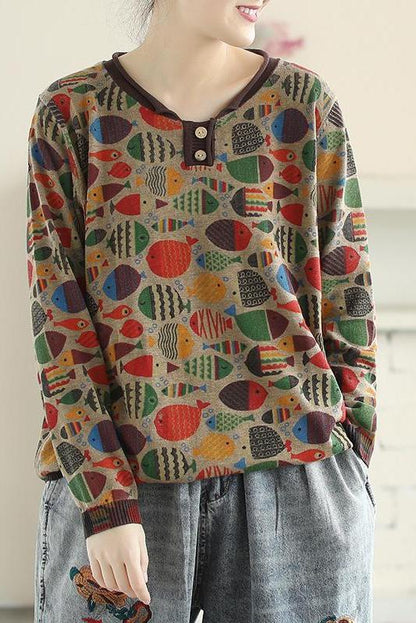 Round Neck Fish Print Knitted T-shirt