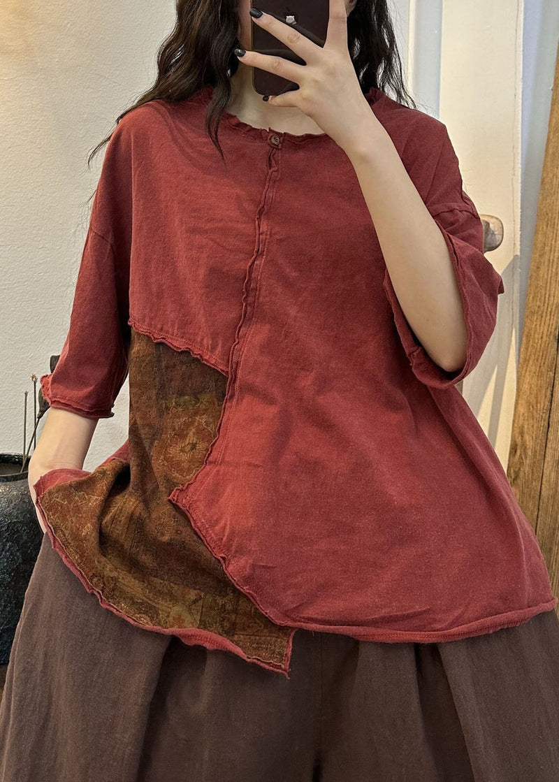 Red Asymmetrical Patchwork Cotton T Shirt Tops Summer