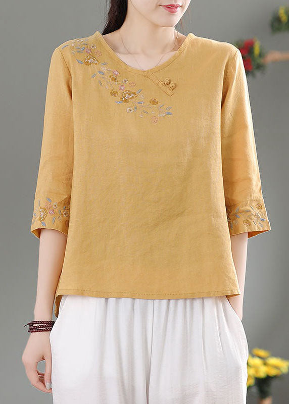 Style Yellow O-neck Embroidered Linen Top Three Quarter Sleeve
