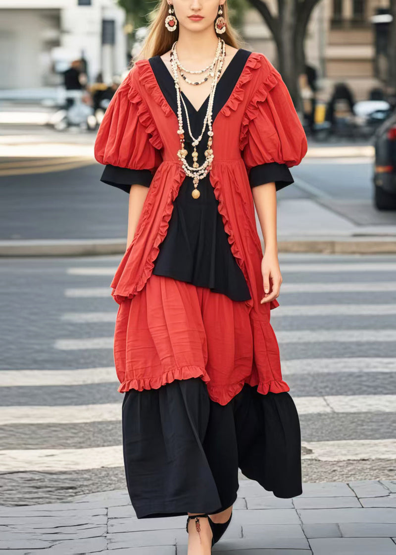Colorblock Ruffled Patchwork Cotton Maxi Dresses Summer