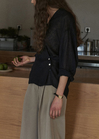 New Chinese Style V Neck Loose Linen Top Spring