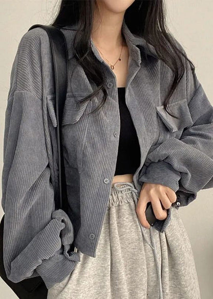 Coffee Peter Pan Collar Pockets Corduroy Short Coat Fall