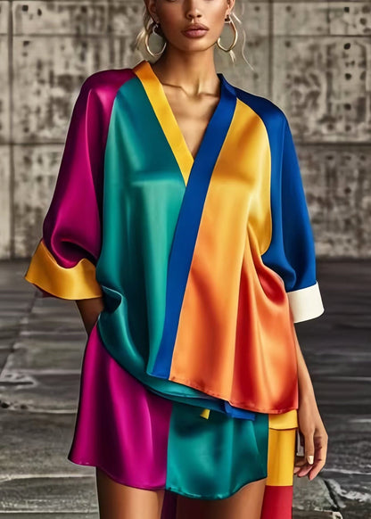 Colorblock Asymmetrical Patchwork Low High Design Silk Dress Summer