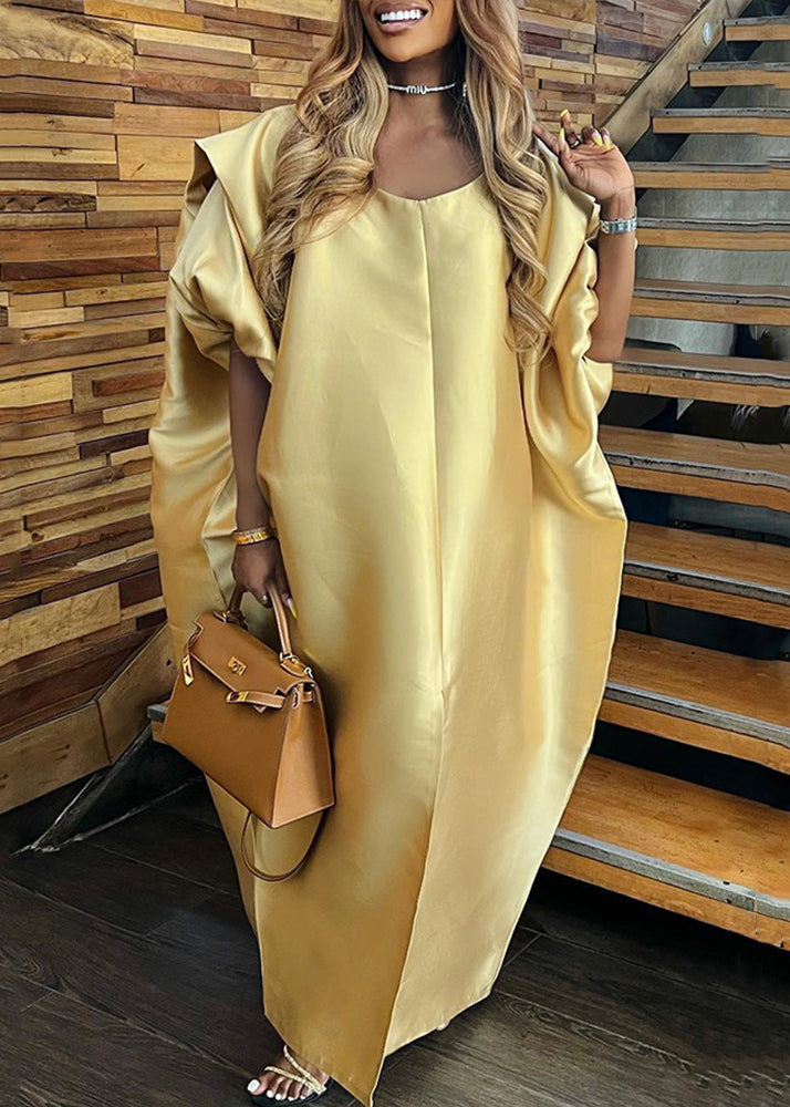 Gold Puff Sleeve Front Open Silk Long Dress