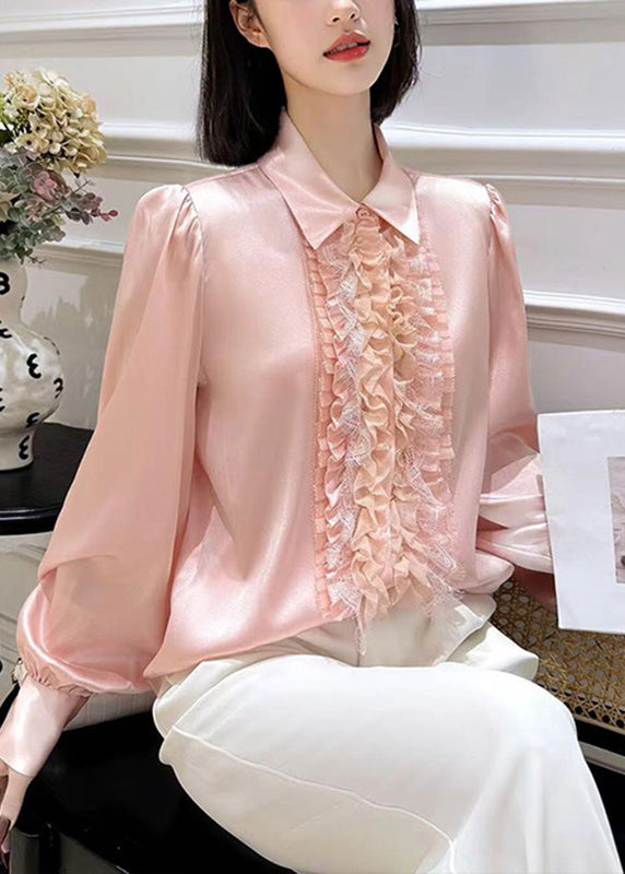 Pink Peter Pan Collar Silk Shirt Lantern Sleeve