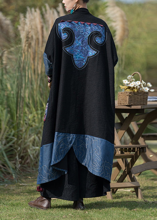 Black Embroideried Denim Patchwork Long Cardigan Fall