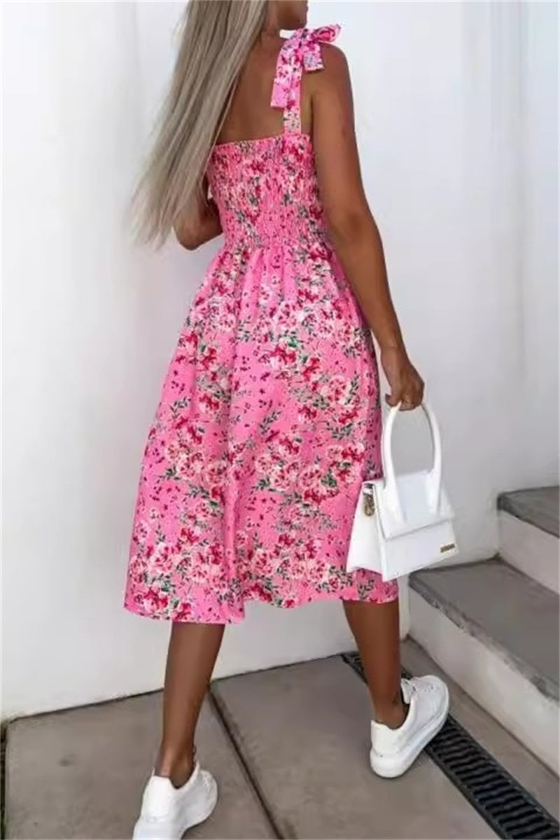 Color Print Backless Slit Belted Spaghetti Strap Sleeveless Dresses(7 Colors)