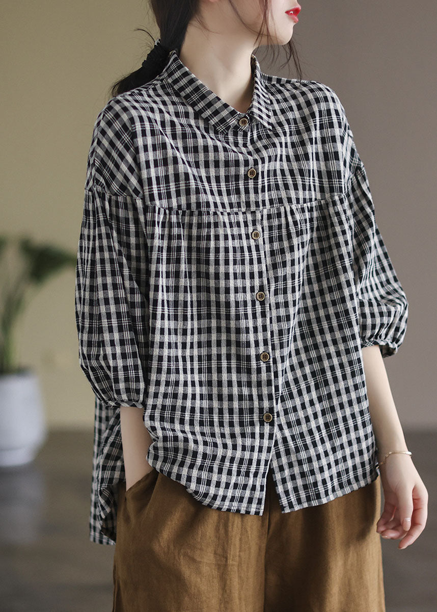 Black Peter Pan Collar Plaid Linen Shirt Half Sleeve