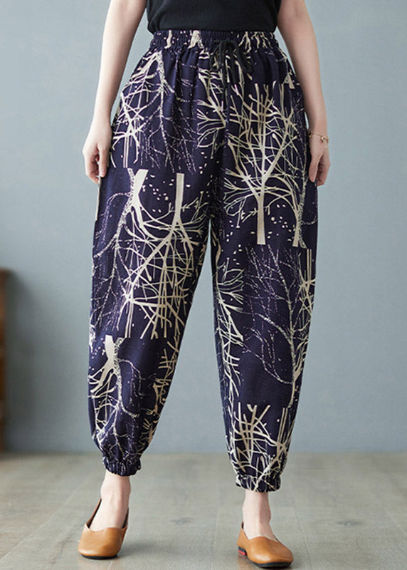 Navy Elastic Waist Print Harem Pants Summer