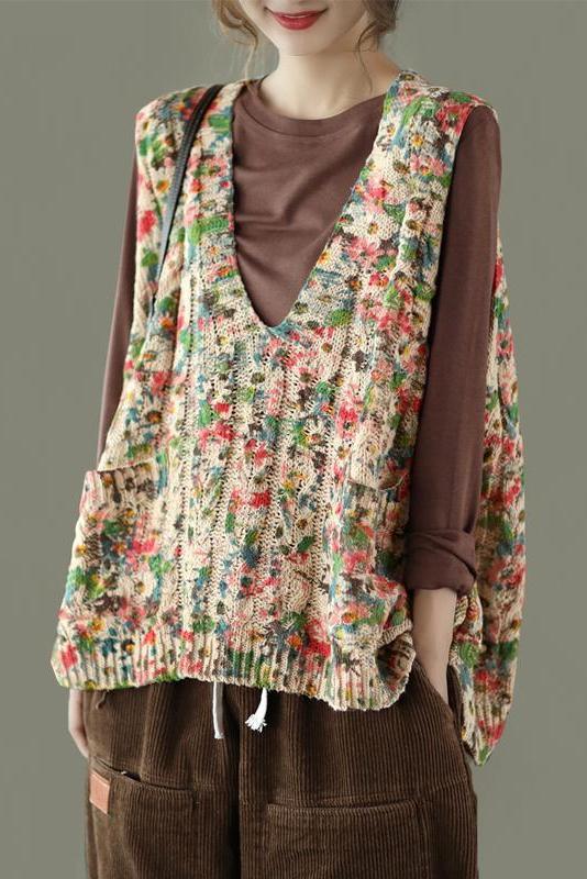 Print Knitted Sleeveless Waistcoat Sweater