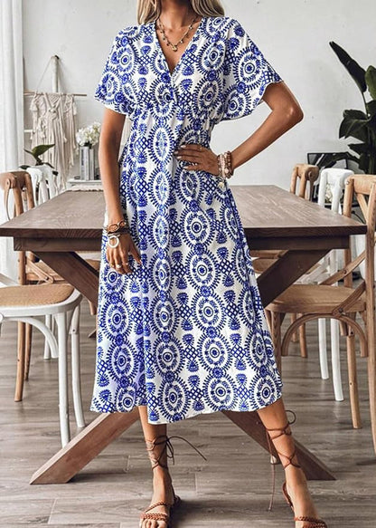 Blue V Neck Print Cotton Vacation Dresses Summer