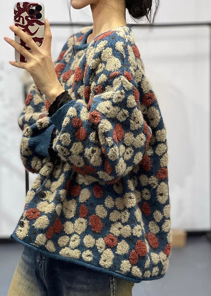 Stylish Blue O Neck Jacquard Knit Sweaters Coats Fall