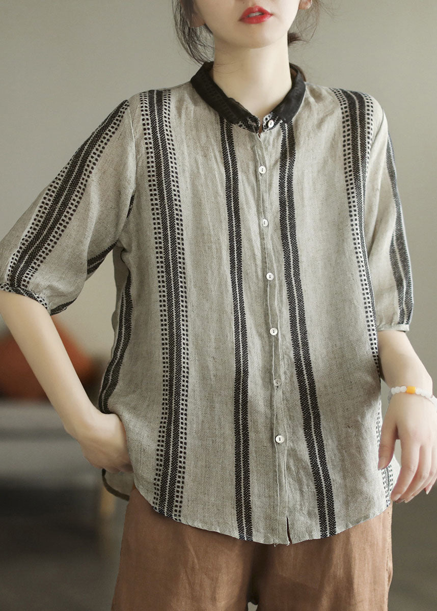Black Grey Peter Pan Collar Print Patchwork Linen Shirt Top Summer
