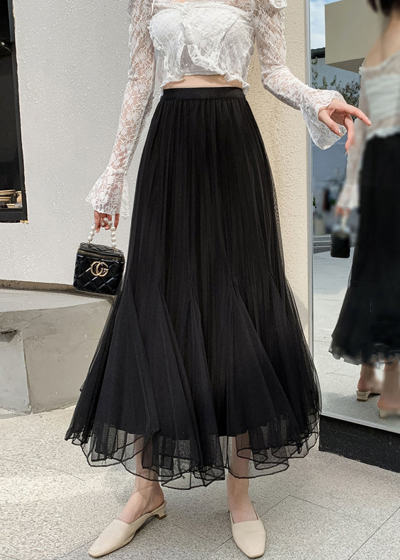 Black Loose Tulle Pleated Skirt Elastic Waist
