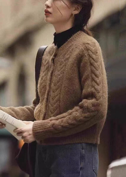 Brown Button Patchwork Warm Knit Coats Fall