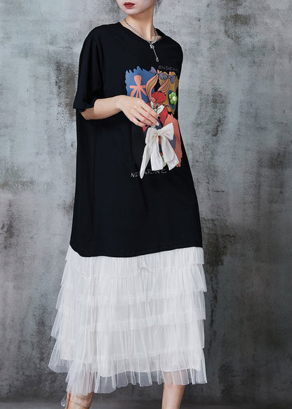 Black Cartoon Bow Patchwork Cotton Maxi Dresses Summer