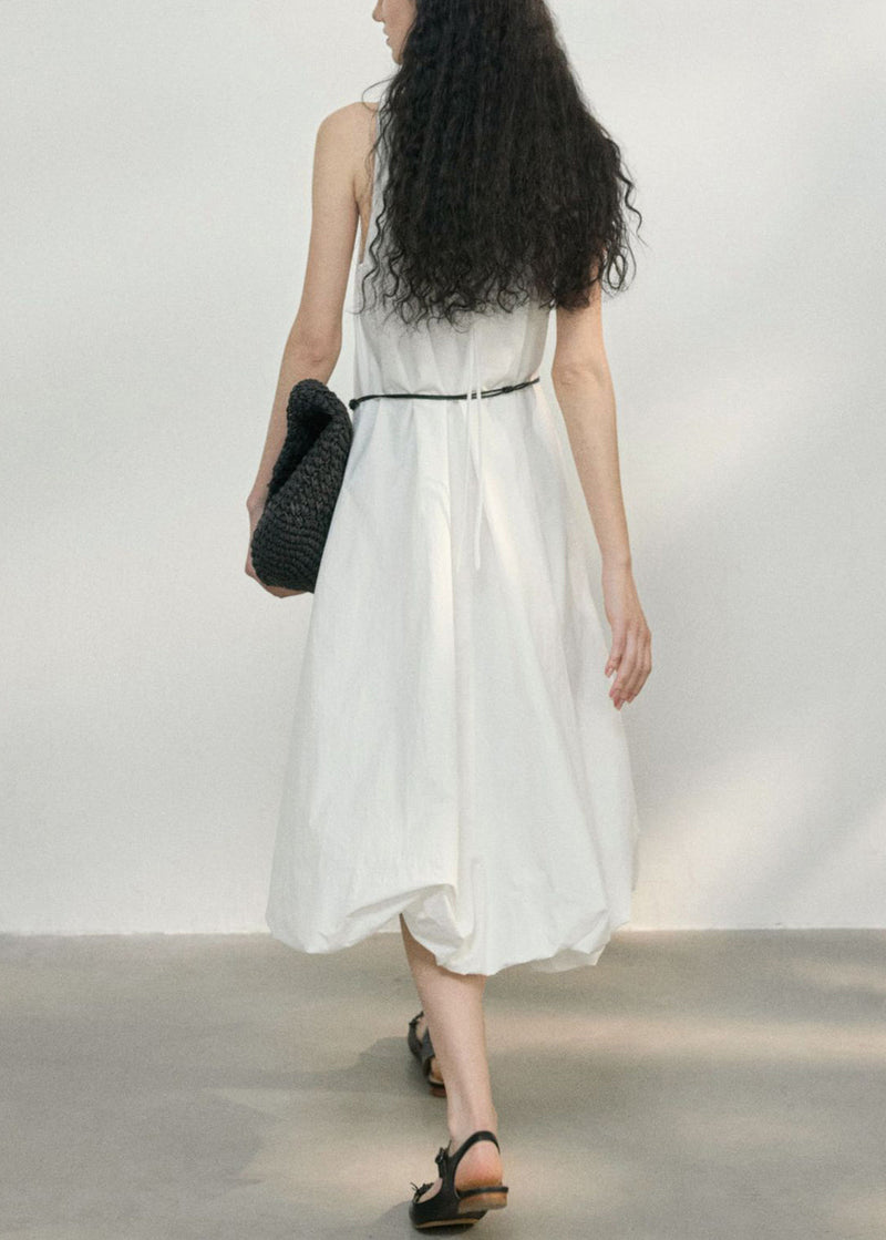 Italian Light Grey O Neck Asymmetrical Design Cotton Dress Sleeveless