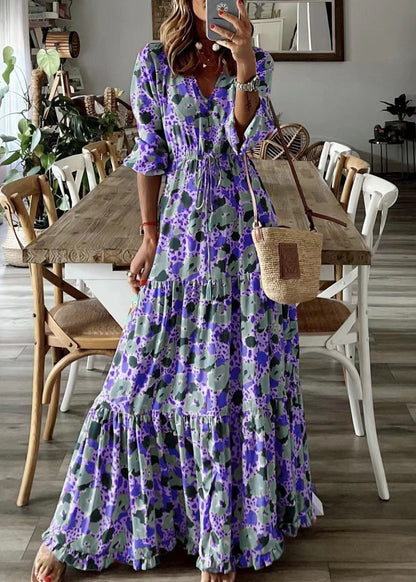 Loose Orange Ruffled Print Patchwork Cotton Long Dress Summer
